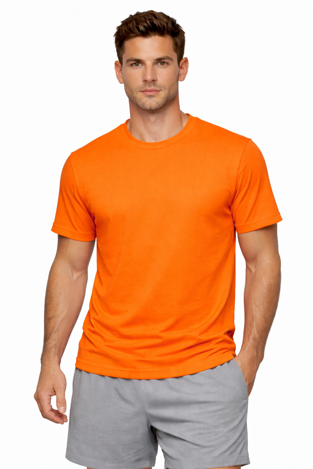 Orange custom men's t-shirt front view - professional workwear