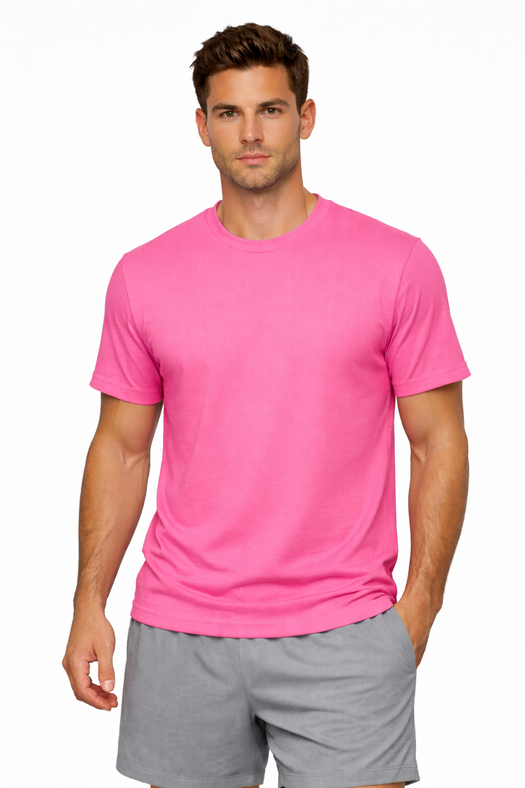 Pink custom men's t-shirt front view - modern branded apparel