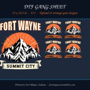 DTF gang sheet 23 x 14.5 inches with custom designs, printed in Fort Wayne