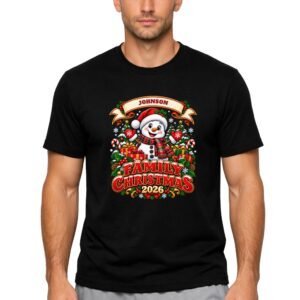 Family Christmas shirts 2026 with custom last name, black t-shirt