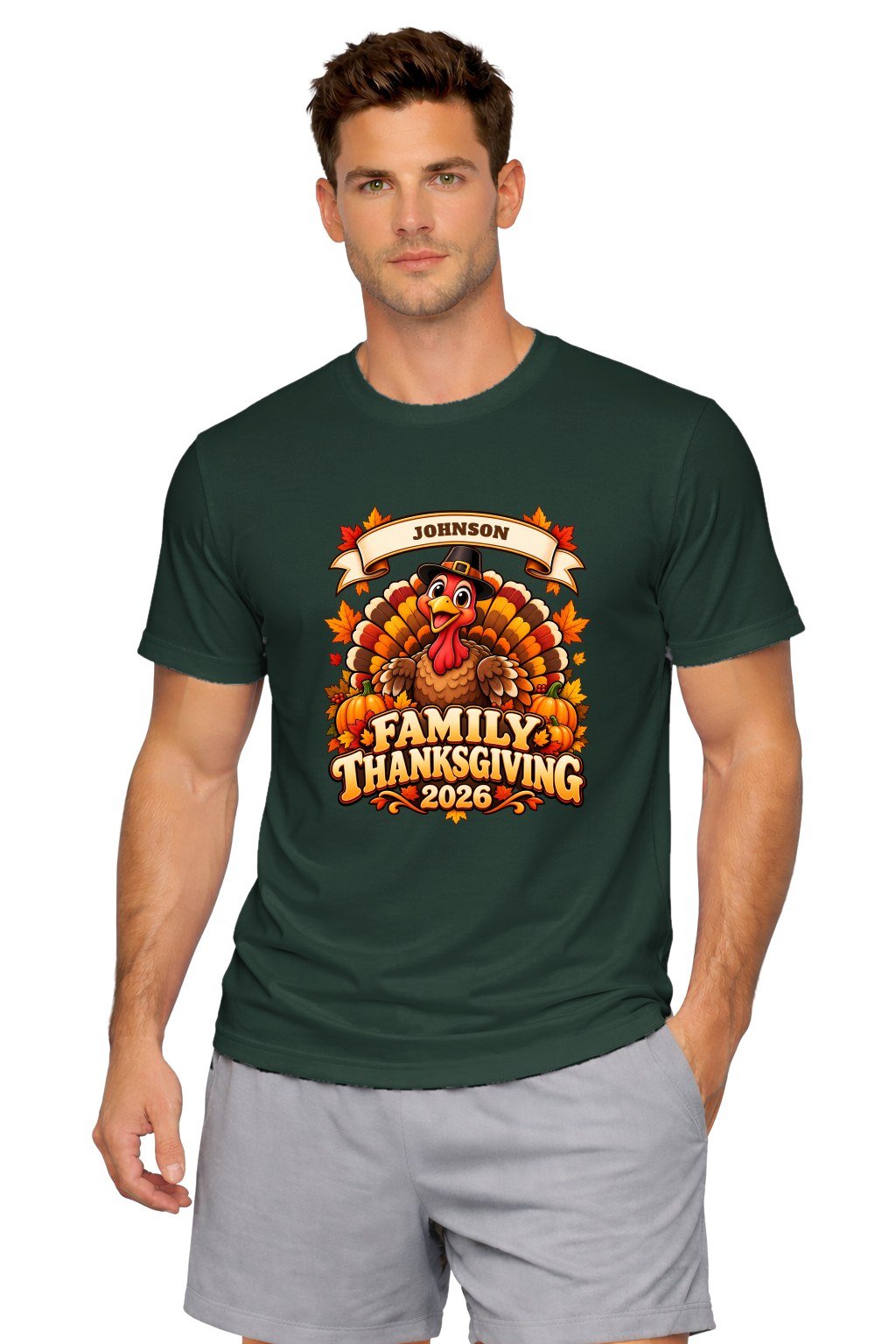Family Thanksgiving Shirts 2026 - Custom Last Name Family Thanksgiving shirts 2026 with custom last name, forest green t-shirt
