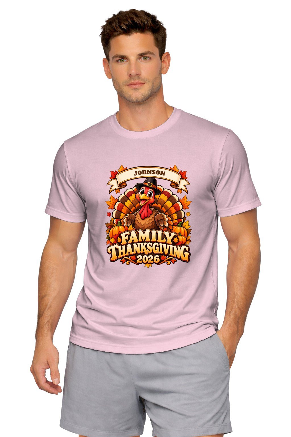 Family Thanksgiving Shirts 2026 - Custom Last Name Family Thanksgiving shirts 2026 with custom last name, light pink t-shirt