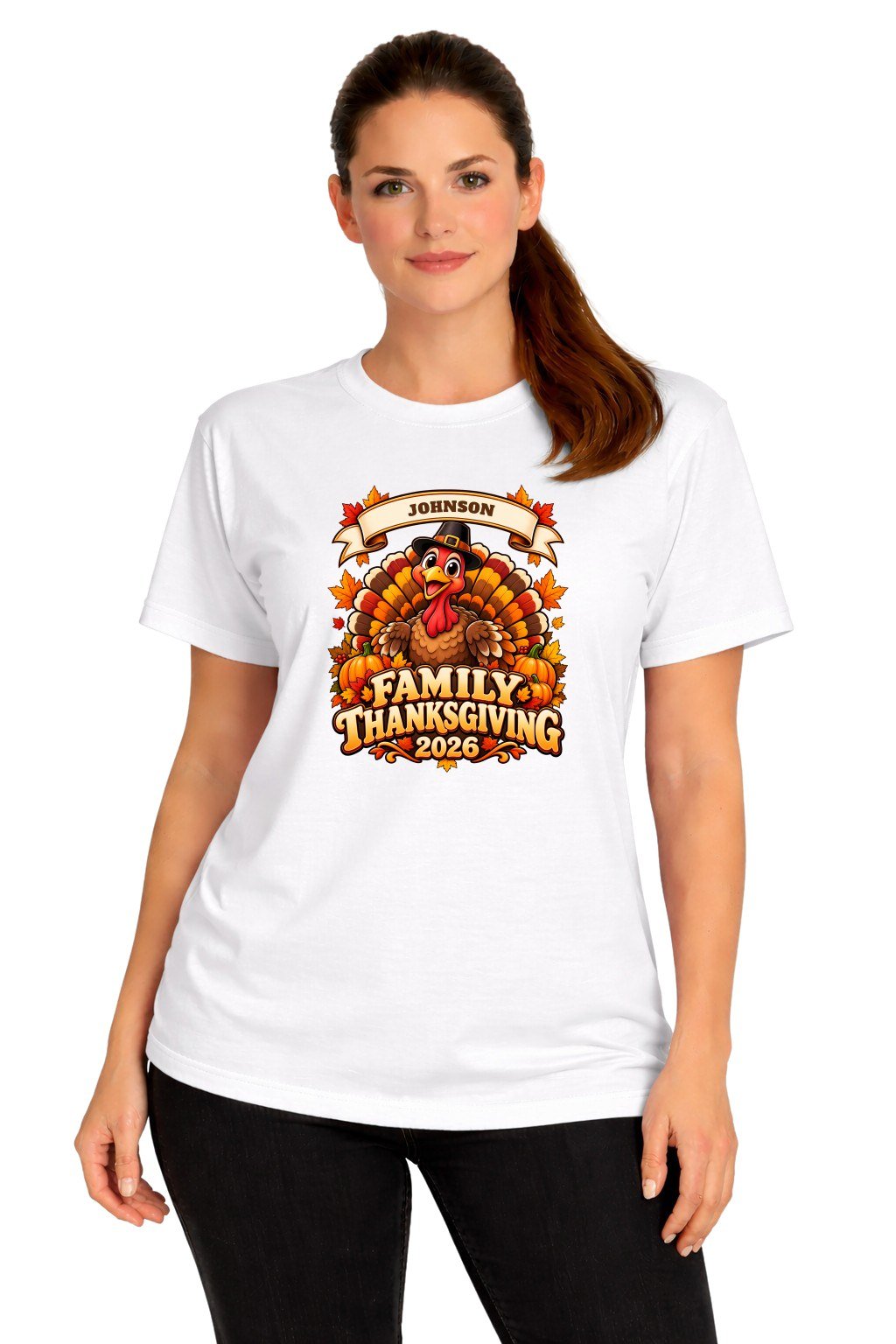 Family Thanksgiving Shirts 2026 - Custom Last Name Family Thanksgiving shirts 2026 with custom last name, women's white t-shirt