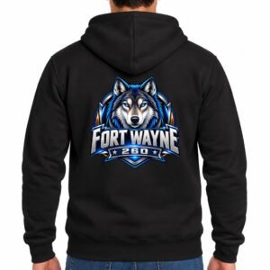Fort Wayne 260 wolf hoodie, black, back print on man
