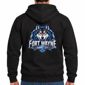 Fort Wayne Summit City wolf hoodie, black, back print on man