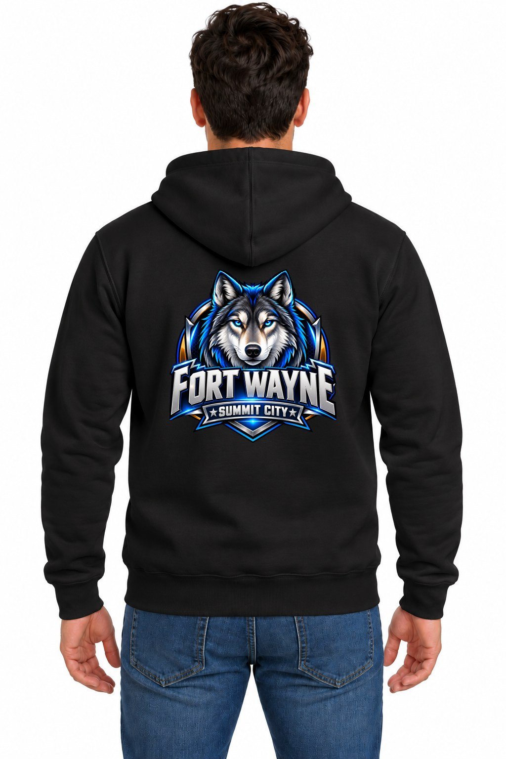 Fort Wayne Summit City Wolf Hoodie Fort Wayne Summit City wolf hoodie, black, back print on man