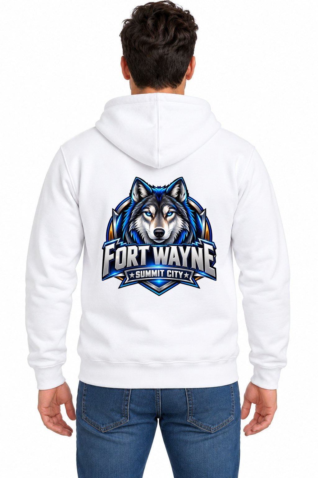 Fort Wayne Summit City Wolf Hoodie Fort Wayne Summit City wolf hoodie, white, back print on man