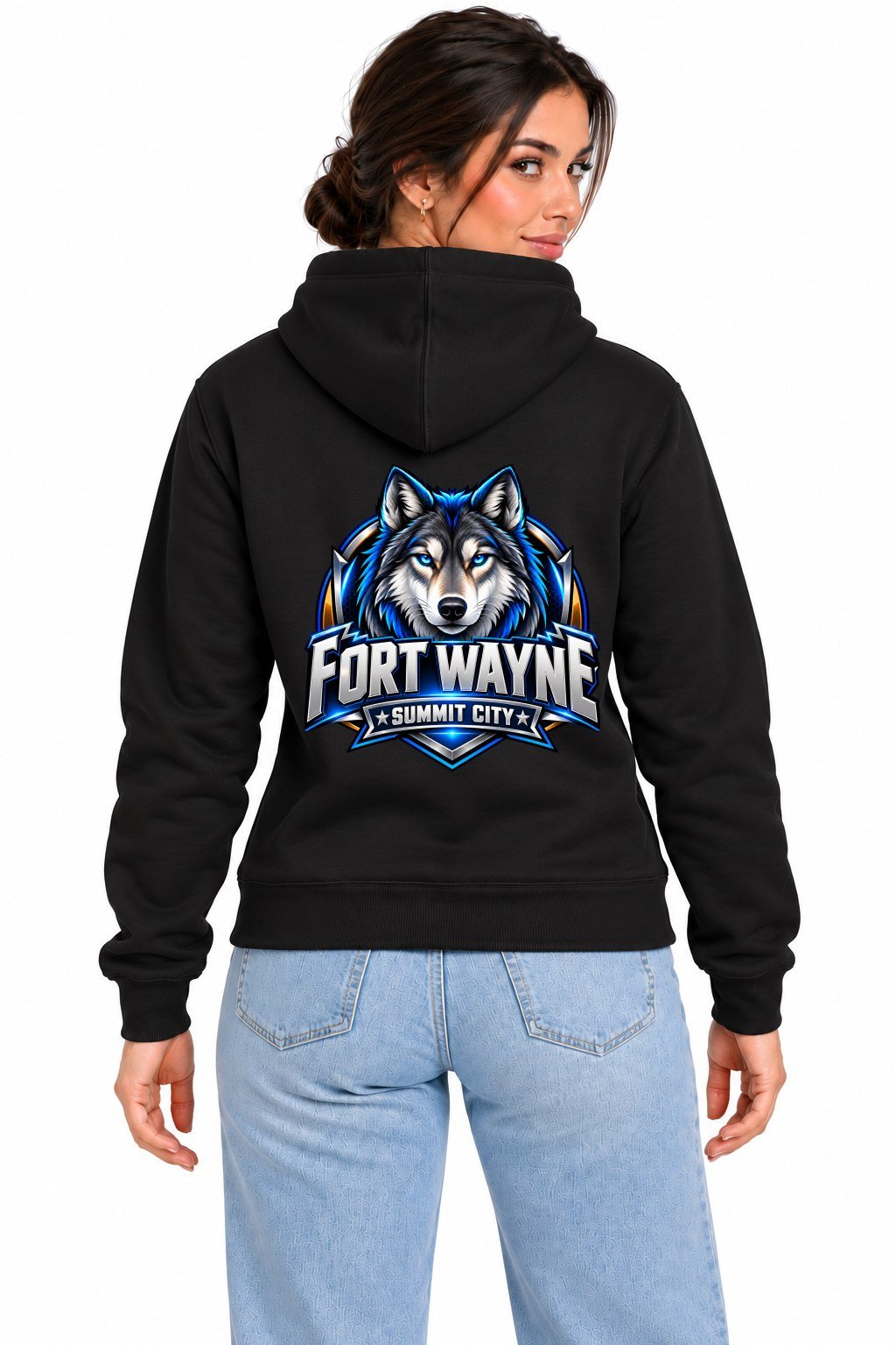 Fort Wayne Summit City Wolf Hoodie Fort Wayne Summit City wolf hoodie, black, back print on woman