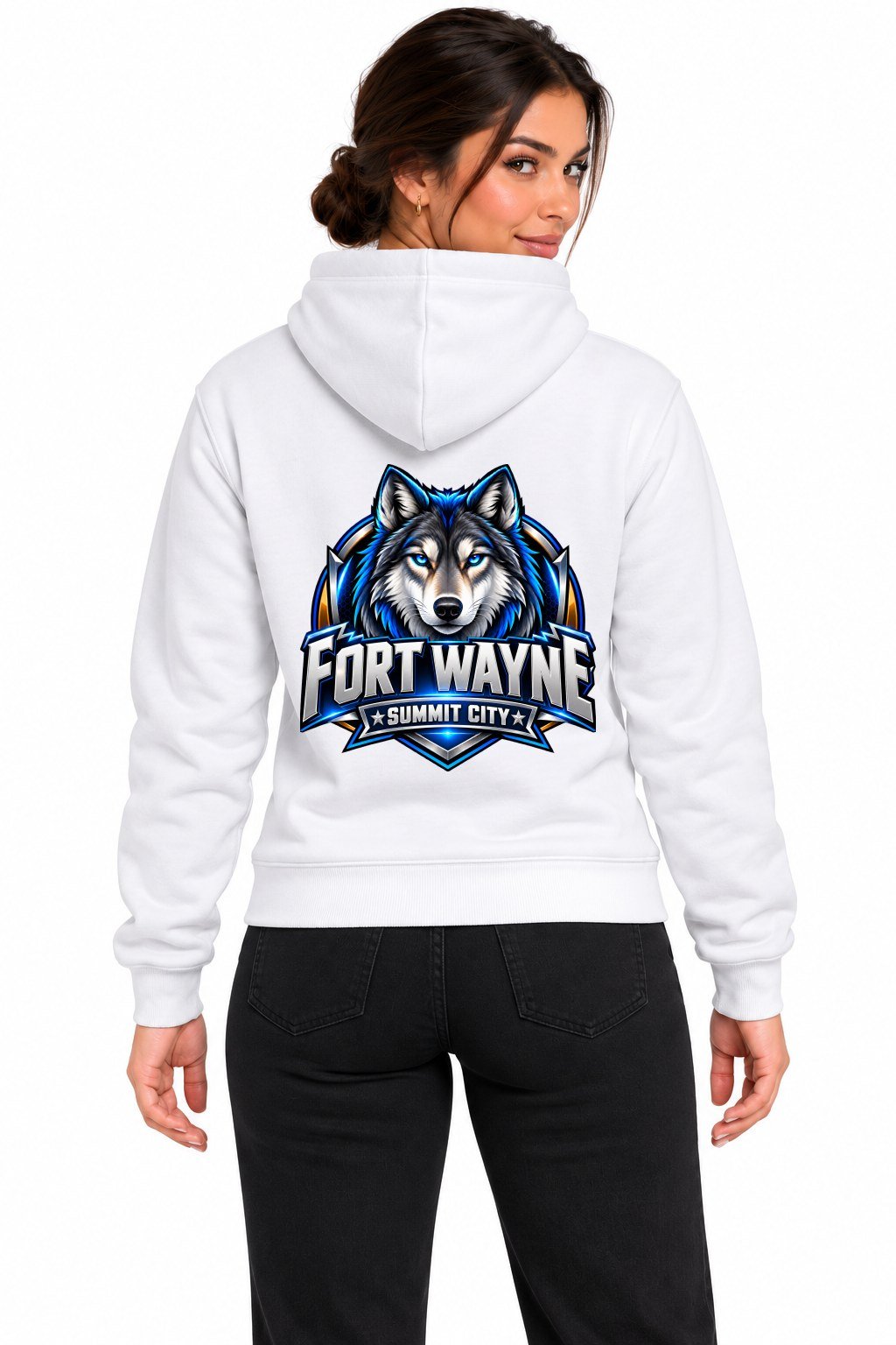 Fort Wayne Summit City Wolf Hoodie Fort Wayne Summit City wolf hoodie, white, back print on woman