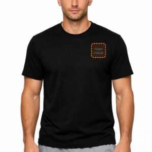 Man wearing a black custom t-shirt with "Your Logo Here" print area - front view, Fort Wayne Custom Shirts