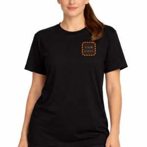Woman wearing a black custom t-shirt with "Your Logo Here" print area - front view, Fort Wayne Custom Shirts